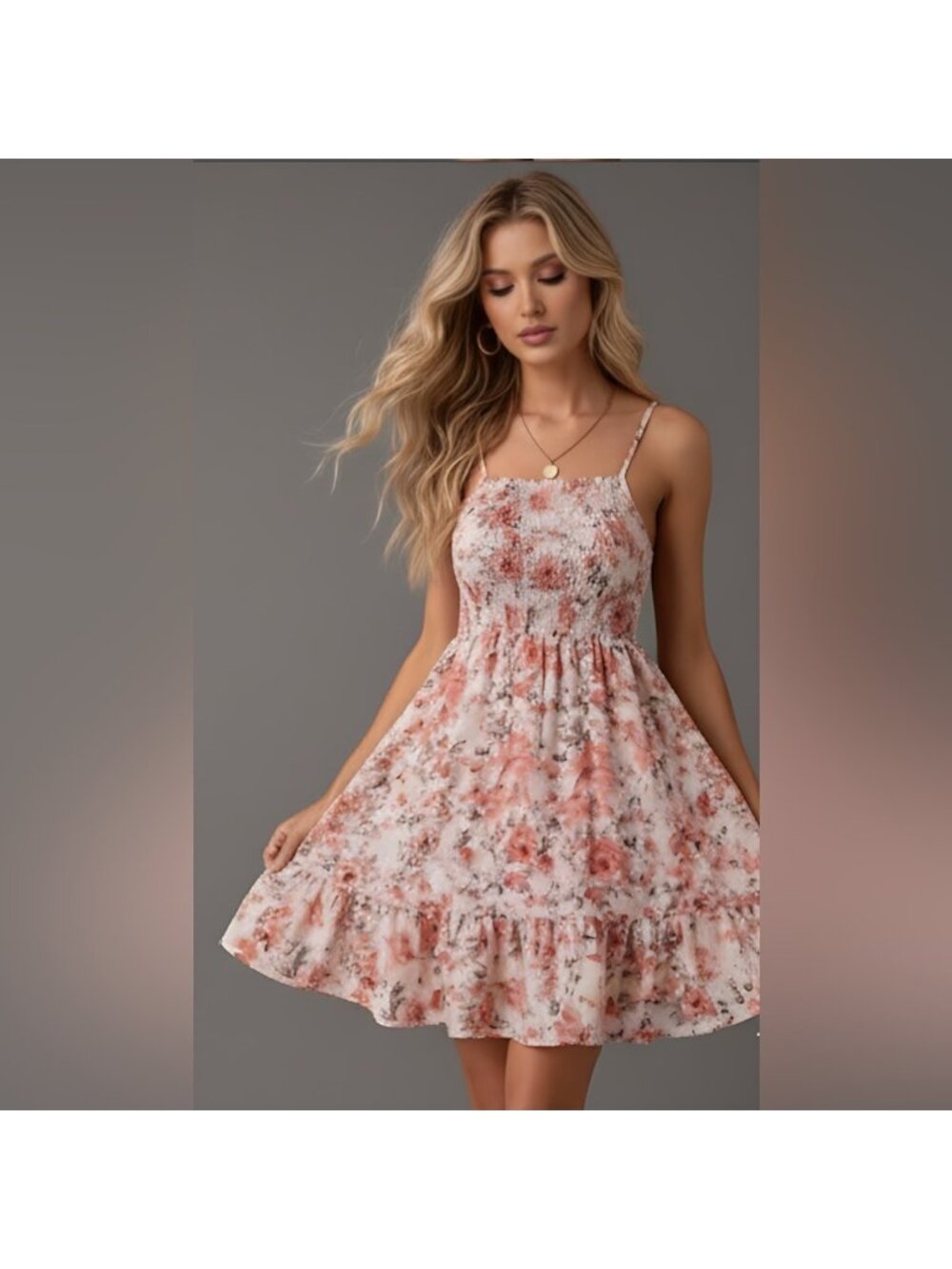 Floral Print Ruffle Hem Shirred Cami Dress - Picture 4 of 8